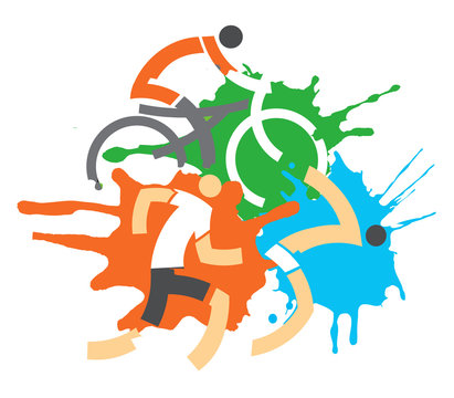 Triathlon racers.
Colorful grunge background with stylized triathlon athletes and splatters.Vector available.
