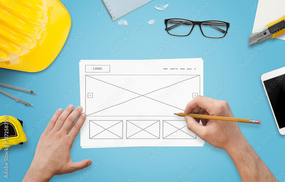 Poster sketching new website design. modern flat design on paper.