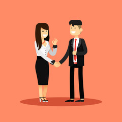 Fototapeta premium Business woman and man of transaction, in black white costume vector illustration. Office staff, isolated characters girl happy face, people success, manager and employee. Business concept in flat.