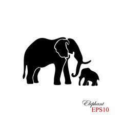Elephant and baby elephant. The black silhouette of an elephant on a white background. Element for design