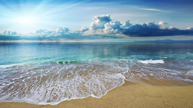 Beautiful mediterranean sea coastline, large storm clouds moving over the horizon, strong waves crashing in slow motion on seashore with foam on yellow sand, perfect for film, digital composition