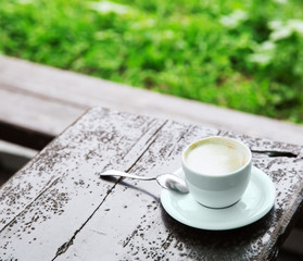 Coffee cup with coffee cappuccino on the background of the nature