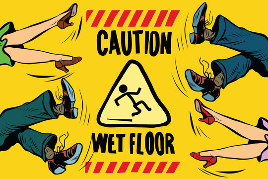 caution wet floor, feet of women and men