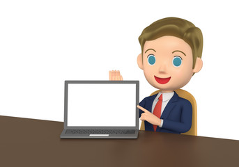 3D illustration character - The small business man who talks while showing a note PC.