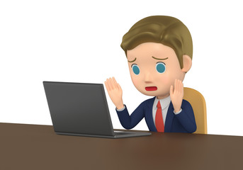 3D illustration character - The small businessman who looks at note PC and is in trouble.