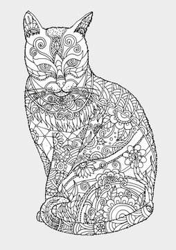 Cat zentangle by hand drawing.Cat tattoo on white background.