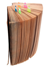 Pocketbook with multicolored bookmarks isolated on white background