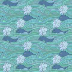 Cute unusual seamless pattern with whales in the sea or ocean.