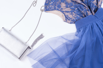 Woman clothes and accessories. Soft blue colors female apparel. Pale colors fashion set