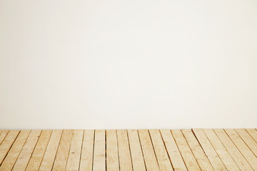 Blank background with white wall and raw wooden pallet floor