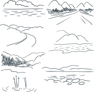 Set of vector hand drawn icons. Mountain and river silhouettes. landscape illustration.Clip art for design.