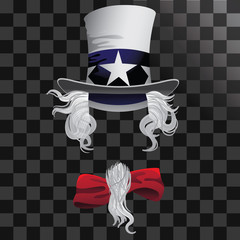 Uncle Sam hat with hair beard and bow tie. EPS 10 vector. - obrazy, fototapety, plakaty