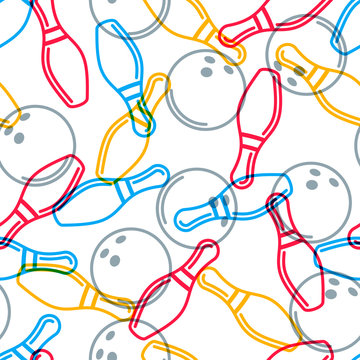 Vector bowling seamless pattern. Color line art background and outline design elements. Bowling ball, bowling pins, shoes illustration. Design for fashion textile print, wrapping, web background.