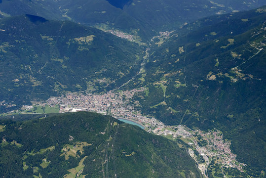 Edolo village aerial from south, Lombardy, Italy