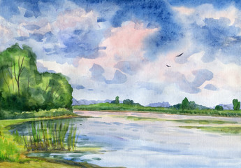 Fototapeta na wymiar Summer landscape with river. Watercolor painting