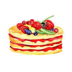 Watercolor pancakes with blueberries and strawberries on white background