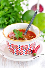 Sauce-marinade for fish or meat with coriander, parsley, cumin, chilli, olive oil and garlic.