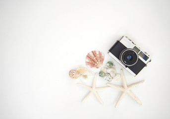 Vintage photo camera with sea animal on wood white