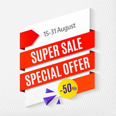 Big Super sale special offer, banner template. 50% off. Vector illustration