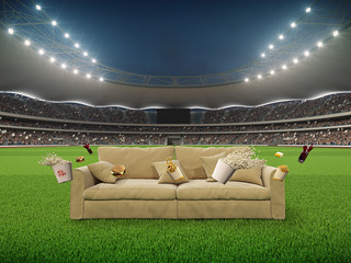 Fototapeta premium stadium with a sofa in the middle and flying fastfood. 3d rendering