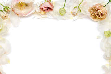 Fototapeta na wymiar pastel peonies, roses and carnations on a white background with