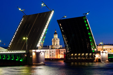 Fototapeta na wymiar Divorced Palace Bridge during the White Nights wiev on Kuntskamera , St. Petersburg, Russia. July 3, 2010
