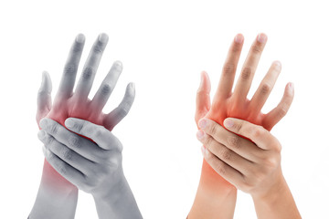 Woman massaging her painful hand on white background