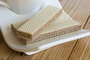 Closeup macro view chocolate wafers copy space