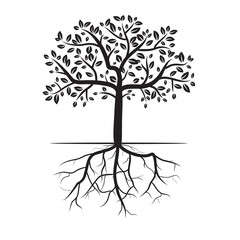 Black tree with roots on white background