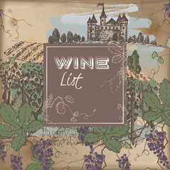 Color winelist template with castle, vineyard, grapevine on vintage background.