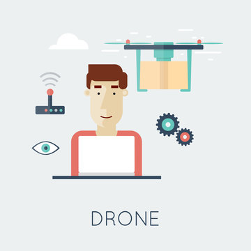 Drone with a camera, shipping, surveillance, control. New technologies.Flat design vector illustrations.