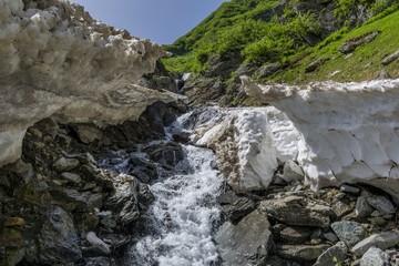 Mountain river under the summer snow in Carpathian mountains