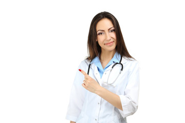 Portrait of young medical doctor on a white background