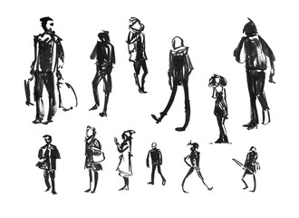 People Drawn With Ink. City Life. The Human Figures In Motion. Hurrying People. Illustration Drawn By Hand. People Silhouettes Isolated On White Background. Men And Women.
