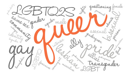 Queer Word Cloud on a white background. 