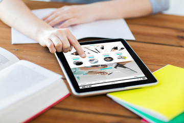 close up of student with tablet pc and notebook