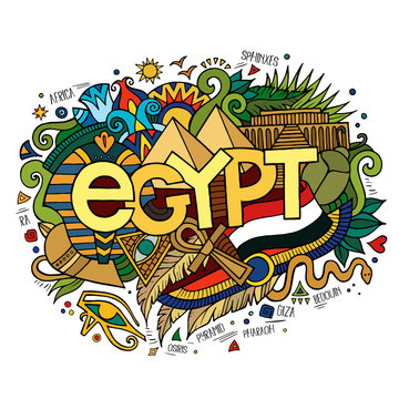 Egypt hand lettering and doodles elements background.