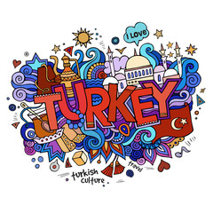 Turkey hand lettering and doodles elements background.