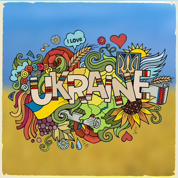 Ukraine hand lettering and doodles elements background.