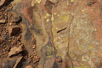 Naklejka premium Red rock with yellow and black marks and lichen 