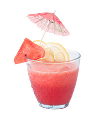 watermelon smoothie with lemon slice over white background