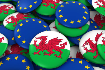 Fototapeta na wymiar Wales and Europe Badges Background - Pile of Welsh and European Flag Buttons 3D Illustration