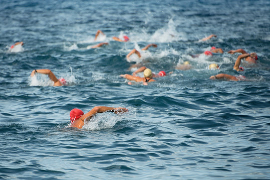 Group people in wetsuit swimming at sea