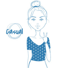 Fashion and cute vector girl. Sketch style. Monochrome illustrat
