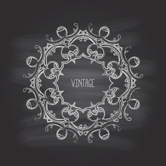 Round, circle pattern on the chalkboard. Lace ornament. Vintage lace frame. Greeting, invitation card. Retro style. Vector illustration. Elements for design.
