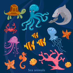 Sea animals collection cartoon vector