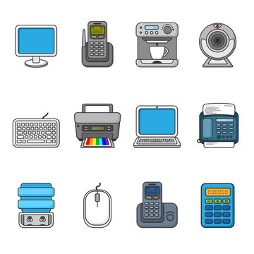 Set of various office equipment, symbols and objects. Colorful outlined icon collection. Vector illustration. Telephones, fax, printer, monitor, laptop, coffee maker, web camera, water cooler.