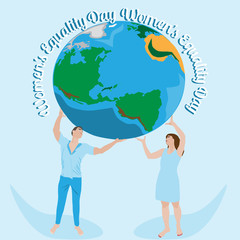 Women's Equality Day card, poster with a young man and woman holding the globe together having equal rights