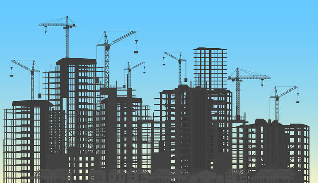 Building city under construction website process with tower cranes silhouette. Constructions infographics template concept.