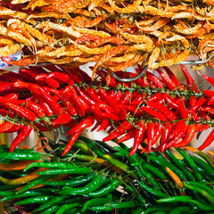 Red and green hot chilly peppers